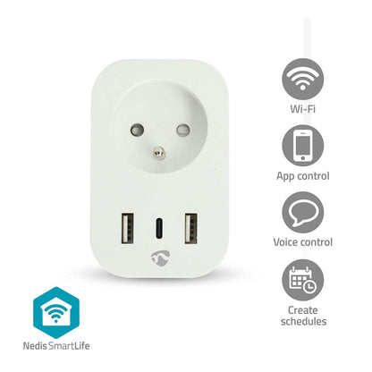 Nedis SmartLife Smart Plug | Wi-Fi | IP21 | Power meter | 3680 W | Type E (CEE 7/6) / 1x USB-C™ / 2x USB | 0 - 55 °C | Android™ / IOS | White | 1 pcs
