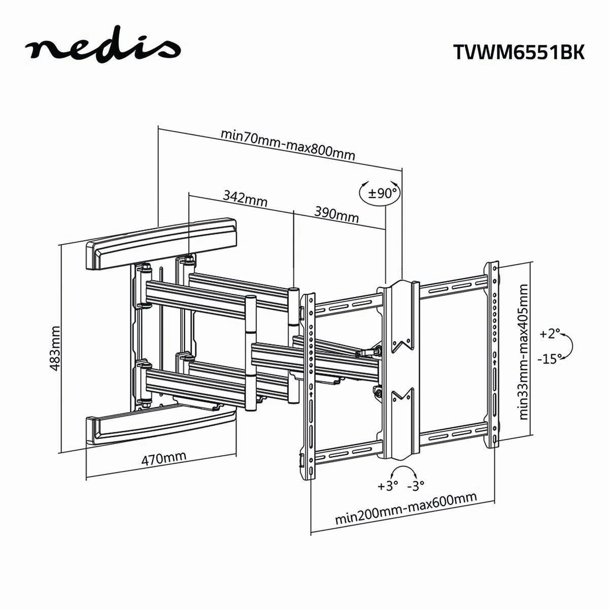 Nedis Full Motion TV Wall Mount | 37 - 80 " | Maximum supported screen weight: 70 kg | Tiltable | Rotatable | Minimum wall distance: 70 mm | Maximum wall distance: 800 mm | 6 Pivot point(s) | Steel | Black
