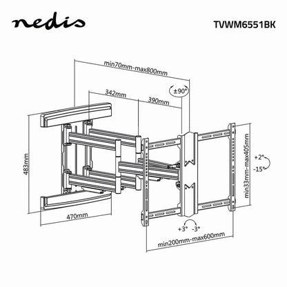 Nedis Full Motion TV Wall Mount | 37 - 80 " | Maximum supported screen weight: 70 kg | Tiltable | Rotatable | Minimum wall distance: 70 mm | Maximum wall distance: 800 mm | 6 Pivot point(s) | Steel | Black