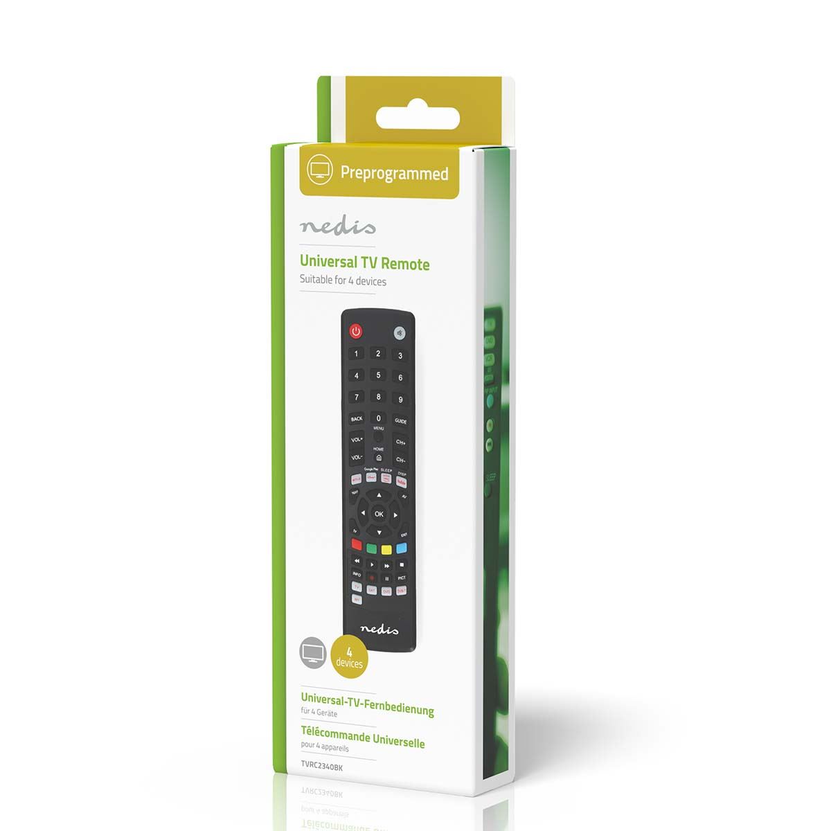 Nedis Universal Remote Control | Preprogrammed | 4 Devices | Amazon Prime / Disney + Button / Google Play Button / Netflix Button / Youtube Button | Infrared | Black | HS01991