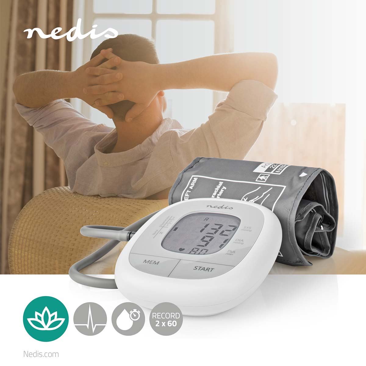Nedis Blood Pressure Monitor | Arm | Backlight LCD Display | 22 - 42 cm | Memory slots: 60 | White