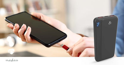 Nedis PBKPD20W125BK | Powerbank | 10000 mAh | 1.5 / 1.67 / 2.0 / 2.22 / 3.0 A | Number of outputs: 3 | Output connection: 1x USB-C™ / 2x USB-A | Input connection: 1x USB-C™ | PD3.0 20W | Lithium-Polymer | Display