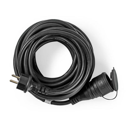 Nedis Power Extension Cable | Plug with earth contact male | Plug with earth contact female | Straight | Straight | Nickel Plated | 20.0 m | Round | IP44 | Black | Shrink Pack