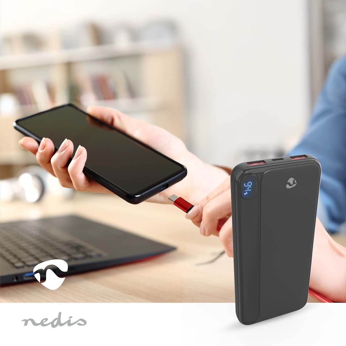 Nedis PBKPD20W125BK | Powerbank | 10000 mAh | 1.5 / 1.67 / 2.0 / 2.22 / 3.0 A | Number of outputs: 3 | Output connection: 1x USB-C™ / 2x USB-A | Input connection: 1x USB-C™ | PD3.0 20W | Lithium-Polymer | Display