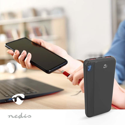 Nedis PBKPD20W125BK | Powerbank | 10000 mAh | 1.5 / 1.67 / 2.0 / 2.22 / 3.0 A | Number of outputs: 3 | Output connection: 1x USB-C™ / 2x USB-A | Input connection: 1x USB-C™ | PD3.0 20W | Lithium-Polymer | Display