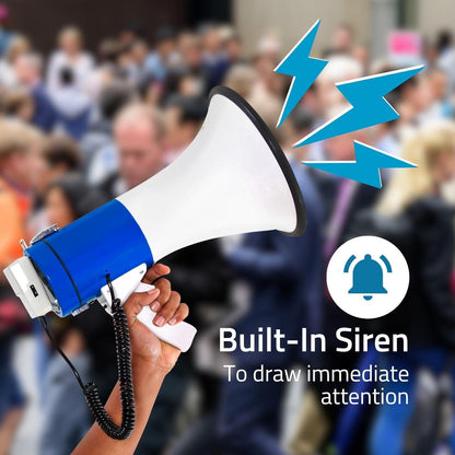 Nedis Megaphone | Maximum range: 1500 m | Maximum Volume control: 120 dB | Detachable Microphone | Built-in siren | Shoulder strap | Blue / White