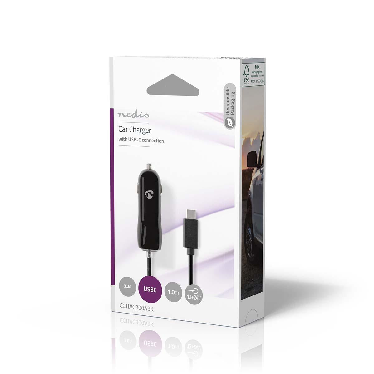 Nedis Car Charger | 18 W | 1x 3.0 A | Number of outputs: 1 | USB-C™ (Fixed) Cable | 1.00 m | Single Voltage Output