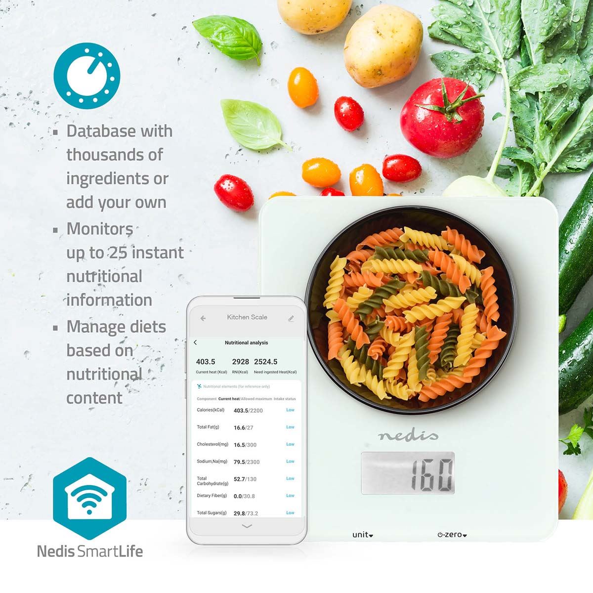 Nedis SmartLife Kitchen Scale | Bluetooth® | Glass / Plastic | White
