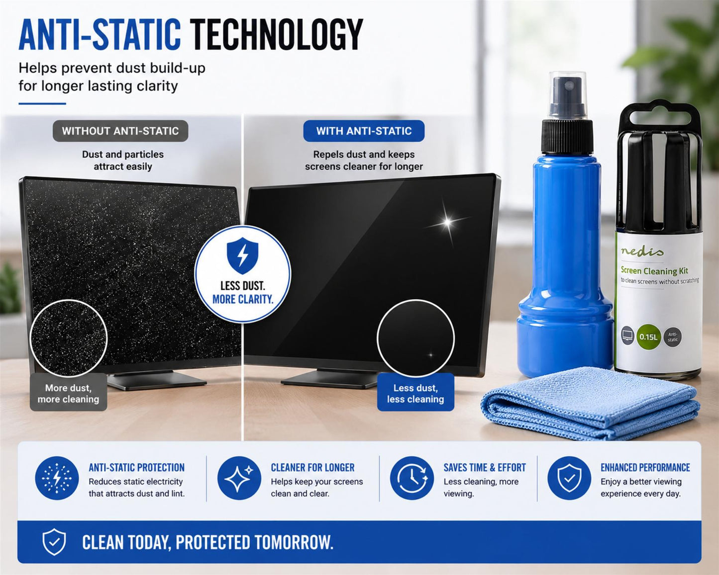 Nedis CLSN130BU Screen Cleaner | Spray | 150 ml | Notebook / Smartphone / Tablet / TV Screen | Wiper included