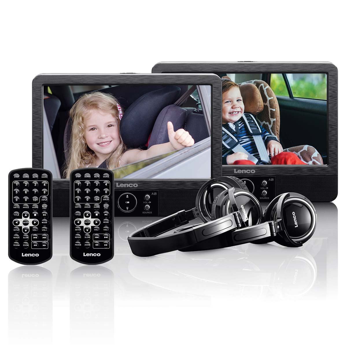 Lenco 2x 9” portable DVD player with USB SD built-in battery headphone and bracket Black