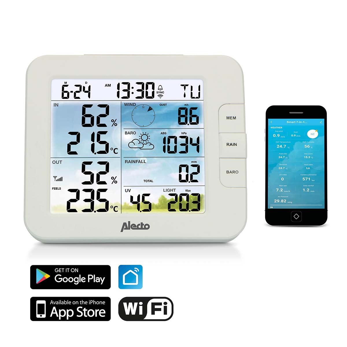 Alecto WS5400 | 8-in-1 Wi-Fi Smart Weather Station | Indoor and Outdoor Temperature, Forecast, Wind, Pressure, Humidity, Rain & More | Outside Wireless sensor | Application | Grey