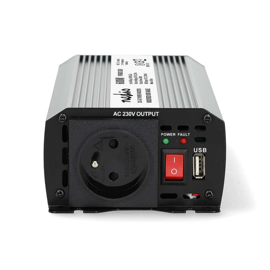 Nedis Power Inverter Modified Sine Wave | Input voltage: 12 V DC | Device power output connection(s): Type E (CEE 7/5) / USB-A | 230 V AC 50 Hz | 600 W | Peak power output: 1200 W | Battery Clamps + Cigarette Lighter | Silver