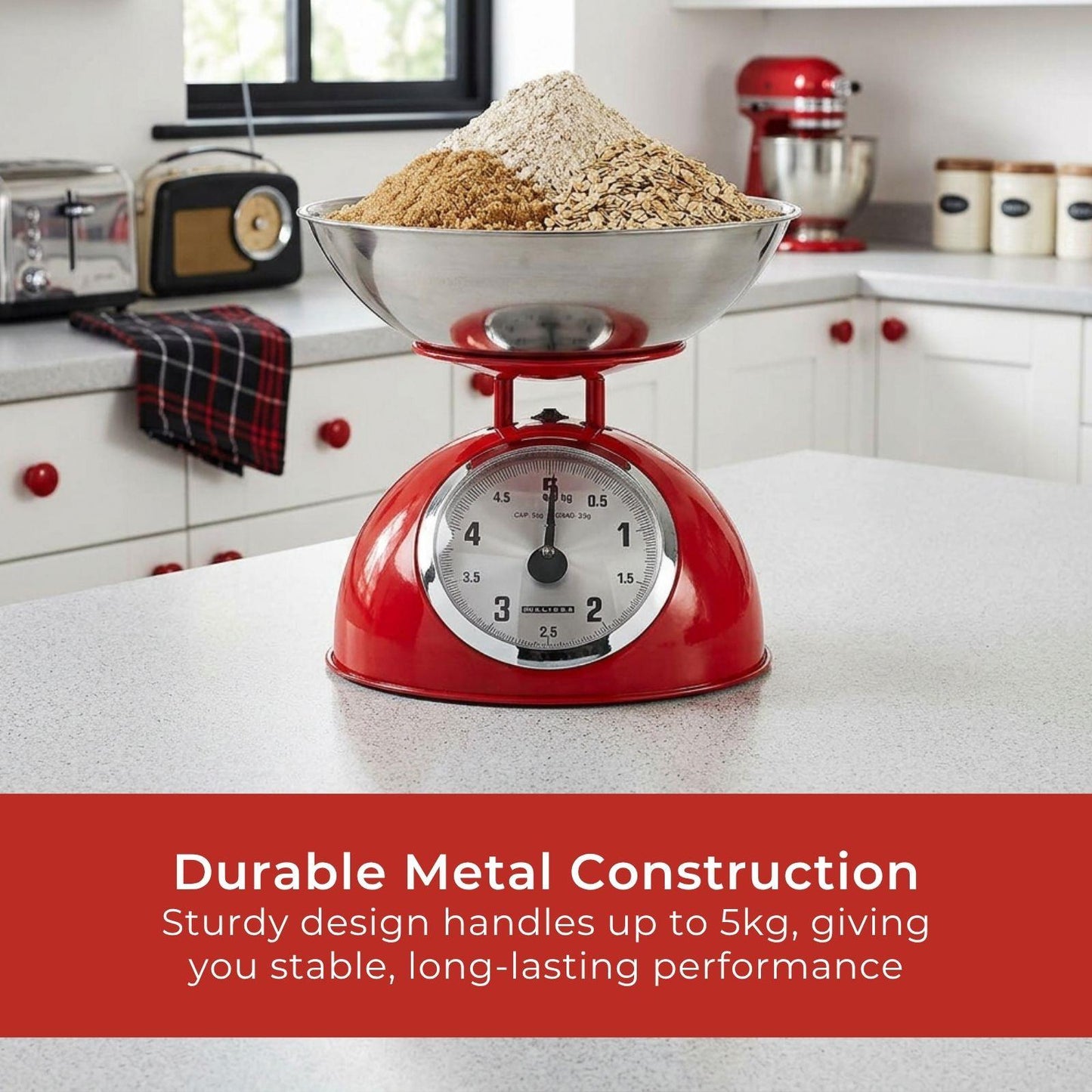 MELISSA Retro Kitchen Scale | Analog | Metal Housing | Removable bowl | Max. 5kg | 25-gram increments | Red