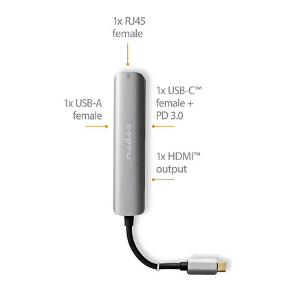 Nedis USB Multi-Port Adapter | USB 3.2 Gen 1 | USB-C™ Male | HDMI™ Output / RJ45 Female / USB-A Female / USB-C™ Female | 5 Gbps | 0.20 m | Round | Gold Plated | PVC | Anthracite | Box