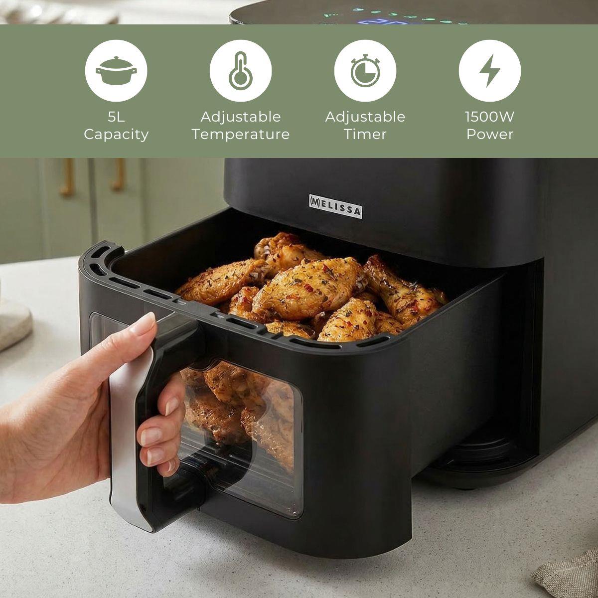 MELISSA 5L Hot Air Fryer Sleek XL for Healthy Low Fat Cooking, with Adjustable Temperature, Digital Display Control, 8 Presets and 60 Minute Timer  - Black