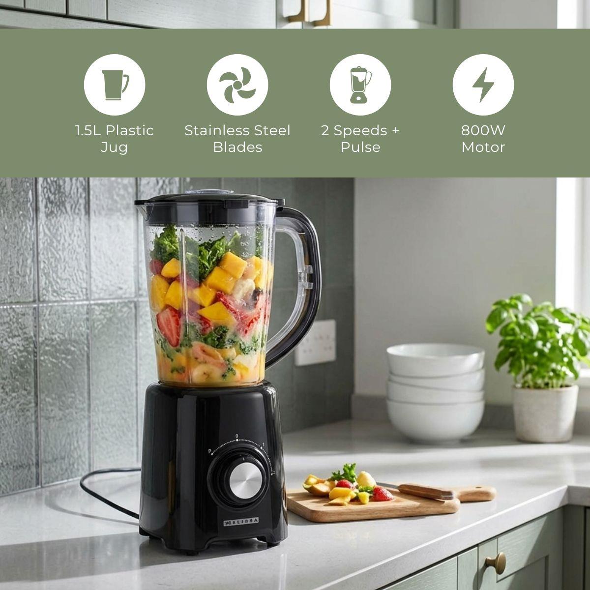 MELISSA 16180134 | Blender | 800 W | 2 Speeds + pulse | 4 Stainless steel blades | 1.5L Plastic jug | Black