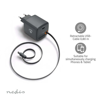 Nedis WCHARC30WBK | Wall Charger | With Retractable Cable | 30 W | GaN | PD3.0 30W | 1.5 / 2.0 / 2.5 / 3.0 A | Number of outputs: 1 | USB-C™ | USB-C™ Retractable Cable | 0.75 m | Automatic Voltage Selection | Black