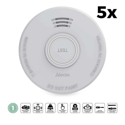 Alecto SD110 Smoke detector with Hush Button | >85 dB | Battery Powered | EN14604:2005/AC:2008 | White |5 Pack
