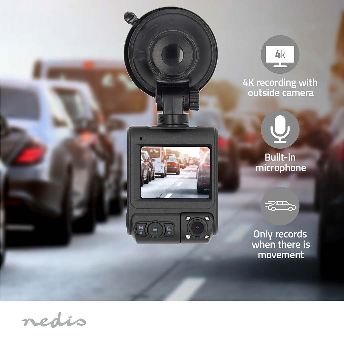 Nedis Dash Cam | 4K@30fps | 12 MPixel | 2 " | Wi-Fi | LCD | Dual camera | Cabine view camera | GPS | Parking sensor | Motion detection | Night view | Black