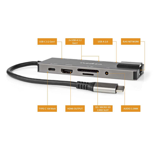 Nedis USB Multi-Port Adapter | USB 3.2 Gen 1 | USB-C™ Male | HDMI™ Output / RJ45 Female / SD / 2x USB-C™ / 3.5 mm Female / 3x USB-A Female | 5 Gbps | 0.20 m | Round | Gold Plated | PVC | Anthracite | Box