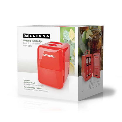 MELISSA Portable Mini Fridge | Mains or 12v Aux | 6 cans / 4 l capacity | 100-240 V / 12 V  Vehicle| Heating / Cooling function | Carrying handle | Red