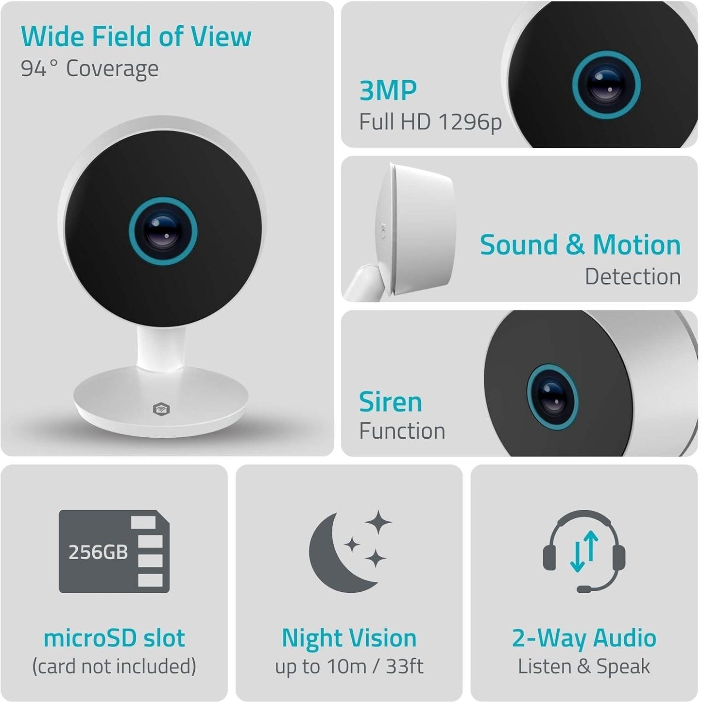 Nedis SmartLife Indoor Camera | Wi-Fi | 3MP Full HD 1296p | Cloud Storage (optional) / microSD (not included) / Onvif | With motion sensor | Night vision | White