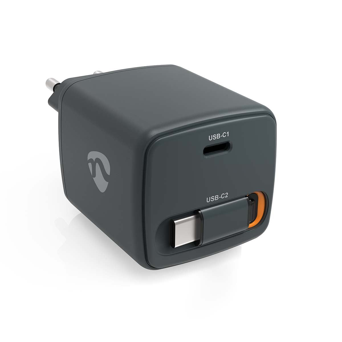 Nedis WCHARC30WBK | Wall Charger | With Retractable Cable | 30 W | GaN | PD3.0 30W | 1.5 / 2.0 / 2.5 / 3.0 A | Number of outputs: 1 | USB-C™ | USB-C™ Retractable Cable | 0.75 m | Automatic Voltage Selection | Black