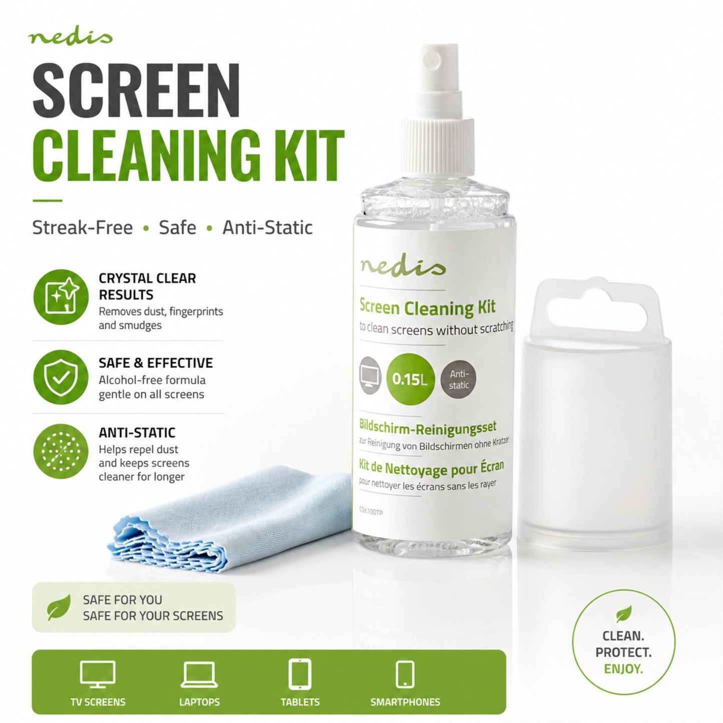 Nedis Screen Cleaner | Spray | 150 ml | Notebook / Smartphone / Tablet / TV Screen | Wiper included