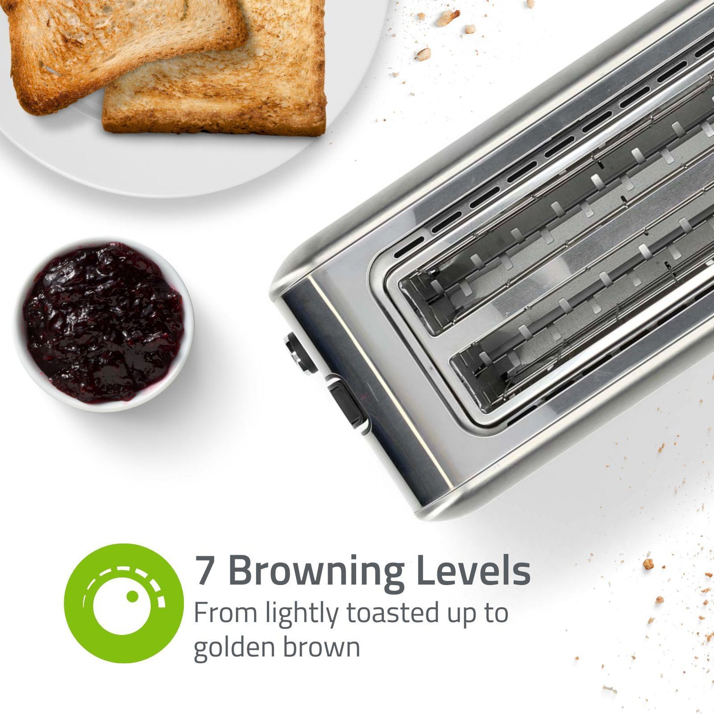 Nedis Toaster | 4 Bread Slices | 2 Long Slots | Browning levels: 7 | Defrost feature | Aluminium / Silver