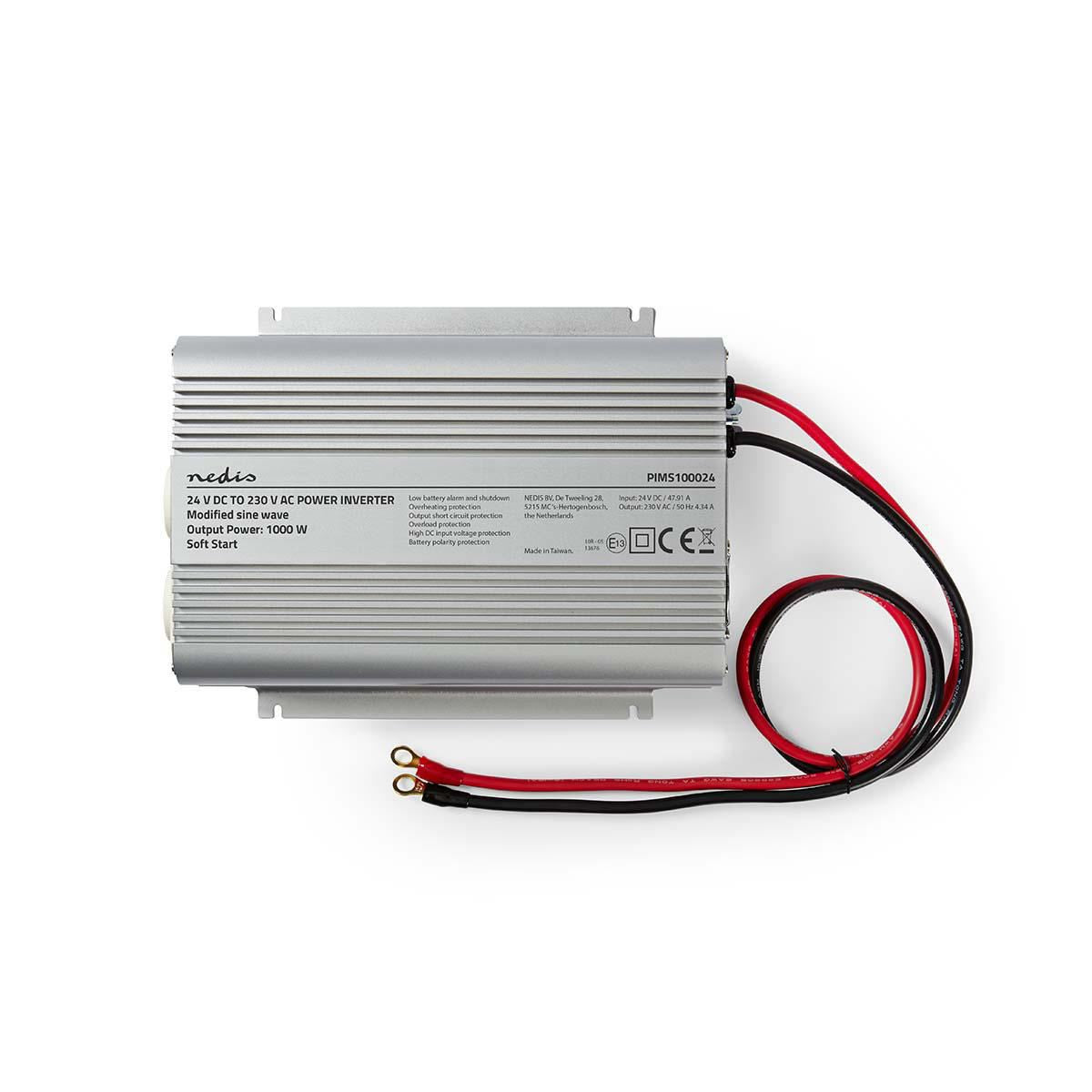 Nedis Power Inverter Modified Sine Wave | Input voltage: 24 V DC | Device power output connection(s): Type F (CEE 7/3) | 230 V AC 50 Hz | 1000 W | Peak power output: 2400 W | Battery Clamps | Silver