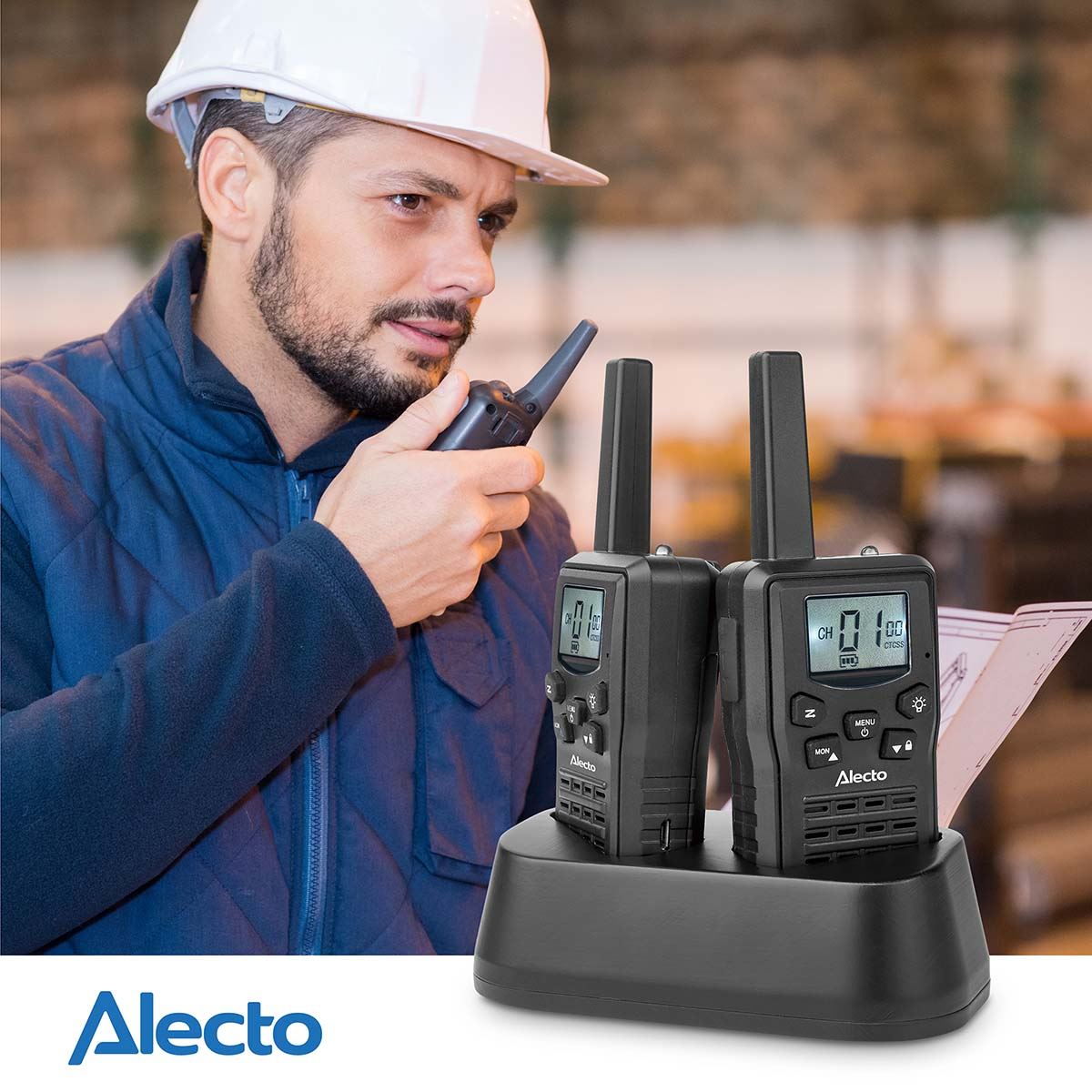 Alecto FR200BK | Walkie-Talkie Set | 2 Handsets | Up to 10 km | Frequency channels: 8 | PTT / VOX | 24 h standby| Charging base included | Headphone output | Black