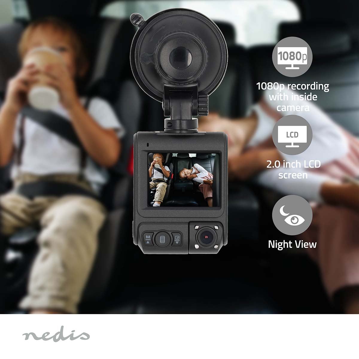 Nedis Dash Cam | 4K@30fps | 12 MPixel | 2 " | Wi-Fi | LCD | Dual camera | Cabine view camera | GPS | Parking sensor | Motion detection | Night view | Black