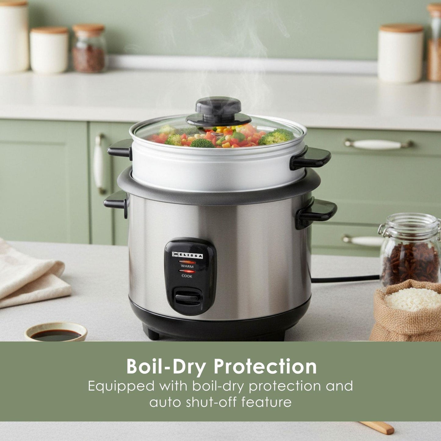 MELISSA Rice Cooker | 1.0 l | 400 W | Non stick coating | Removable bowl | Steamer Basket | Keep-warm function | Auto shut-off