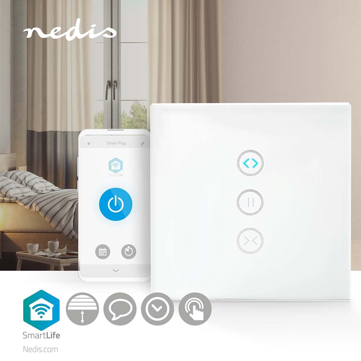 Nedis SmartLife Wall Switch | Wi-Fi | Curtain / Shutter / Sunshade | Wall Mount | 300 W | Android™ / IOS | Glass | White