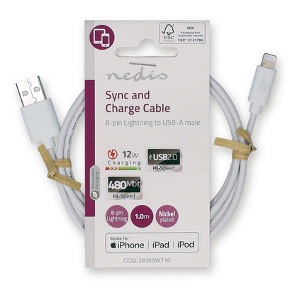 Nedis Lightning Cable | USB 2.0 | Apple Lightning 8-Pin | USB-A Male | 480 Mbps | Nickel Plated | 1.00 m | Round | PVC | White | Label