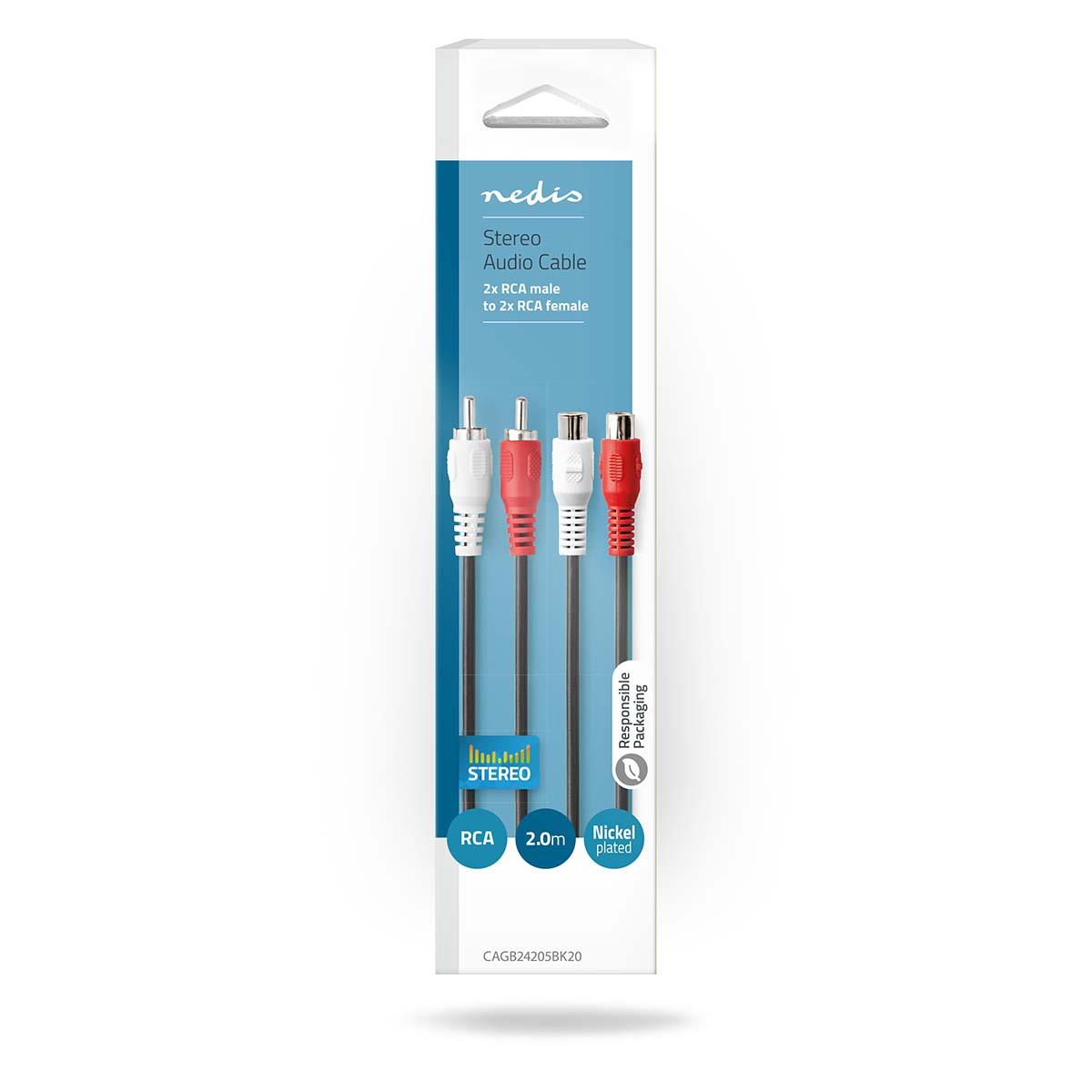 Nedis Stereo Audio Cable | 2x RCA Male | 2x RCA Female | Nickel Plated | 2.00 m | Round | Black | Box