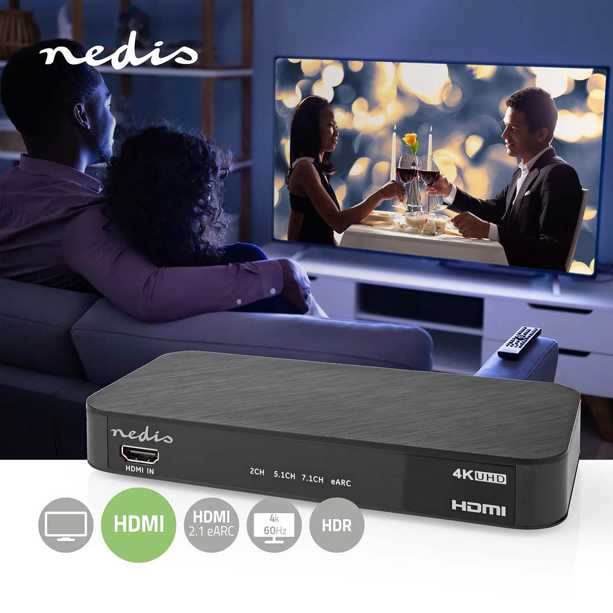 Nedis Digital Audio Converter | 2-way | Connection input: DC Power / 1x HDMI™ Input | Connection output: 1x 3.5 mm / 1x TosLink / 3x HDMI™ Output | Automatic / Push Button | Anthracite