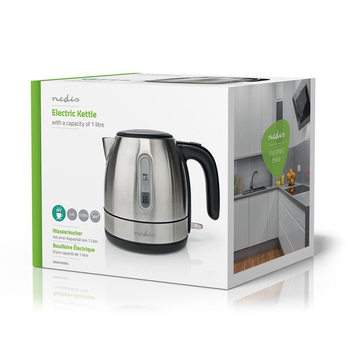 Nedis Electric Kettle | 1.0 l | Stainless Steel | Aluminium | Rotatable 360 degrees | Concealed heating element | Strix® controller | Boil-dry protection