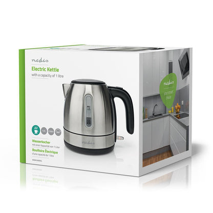 Nedis Electric Kettle | 1.0 l | Stainless Steel | Aluminium | Rotatable 360 degrees | Concealed heating element | Strix® controller | Boil-dry protection