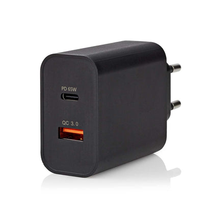 Nedis Wall Charger | 65 W | Quick charge feature | 2.0 / 2.25 / 3.25 A | Number of outputs: 2 | USB-A / USB-C™ | Automatic Voltage Selection | Black