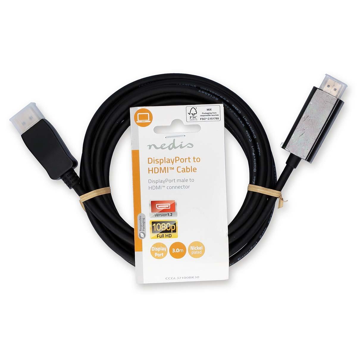 Nedis DisplayPort Cable | DisplayPort Male | HDMI™ Connector | 1080p | Nickel Plated | 3.00 m | Round | PVC | Black | Label