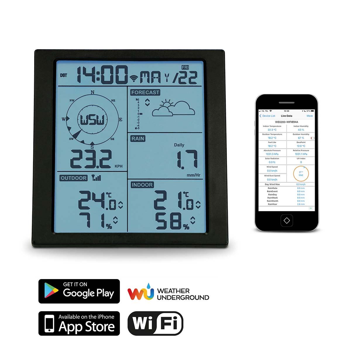 Alecto WS5200 | 6-in-1 Wi-Fi Weather Station | Indoor and Outdoor Temperature, Forecast, Wind, Pressure, Humidity, Rain & More | Outside Wireless sensor | Application | Black