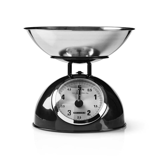 MELISSA Retro Kitchen Scale | Analog | Metal Housing | Removable bowl | Max. 5kg | 25-gram increments | Black