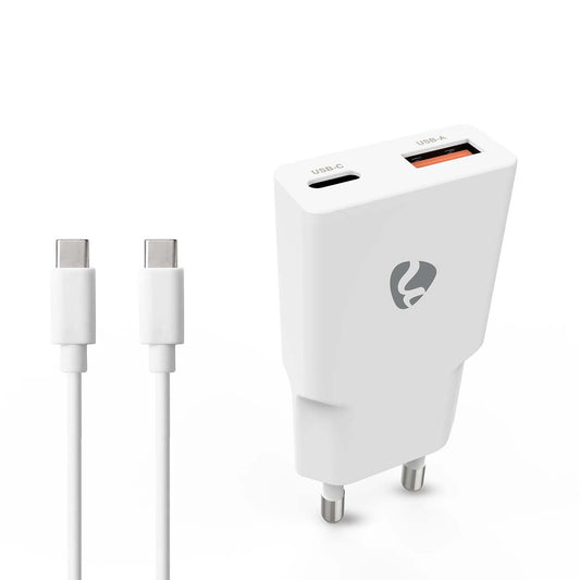 Nedis Wall Charger | 20 W | GaN | PD3.0 | Quick charge feature | 1.5 / 2.0 / 2.22 / 3.0 A | Number of outputs: 2 | USB-A / USB-C™ | USB-C™ (Loose) Cable | 1.50 m | Automatic Voltage Selection | White