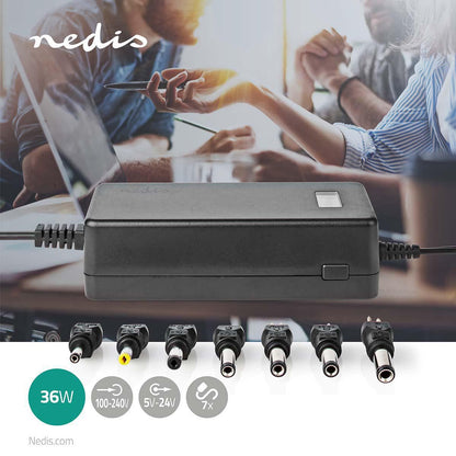 Nedis Universal AC Power Adapter | 36 W | 5 - 24 V DC | 1.80 m | 2.4 - 3.0 A | 7 plug(s) | Black