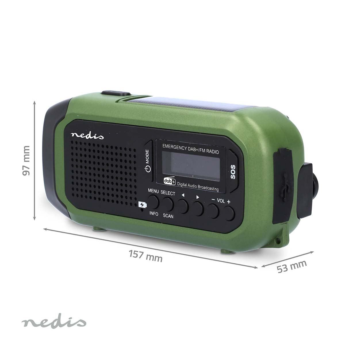 Nedis Emergency Radio | Portable Design | DAB+ / FM | Battery Powered / Hand Crank / Solar Powered / USB Powered | Alarm clock | Black / Green