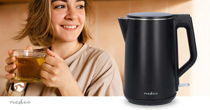 Nedis Electric Kettle | 1.5 l | Plastic | Black | Rotatable 360 degrees | Concealed heating element | Strix® controller | Boil-dry protection