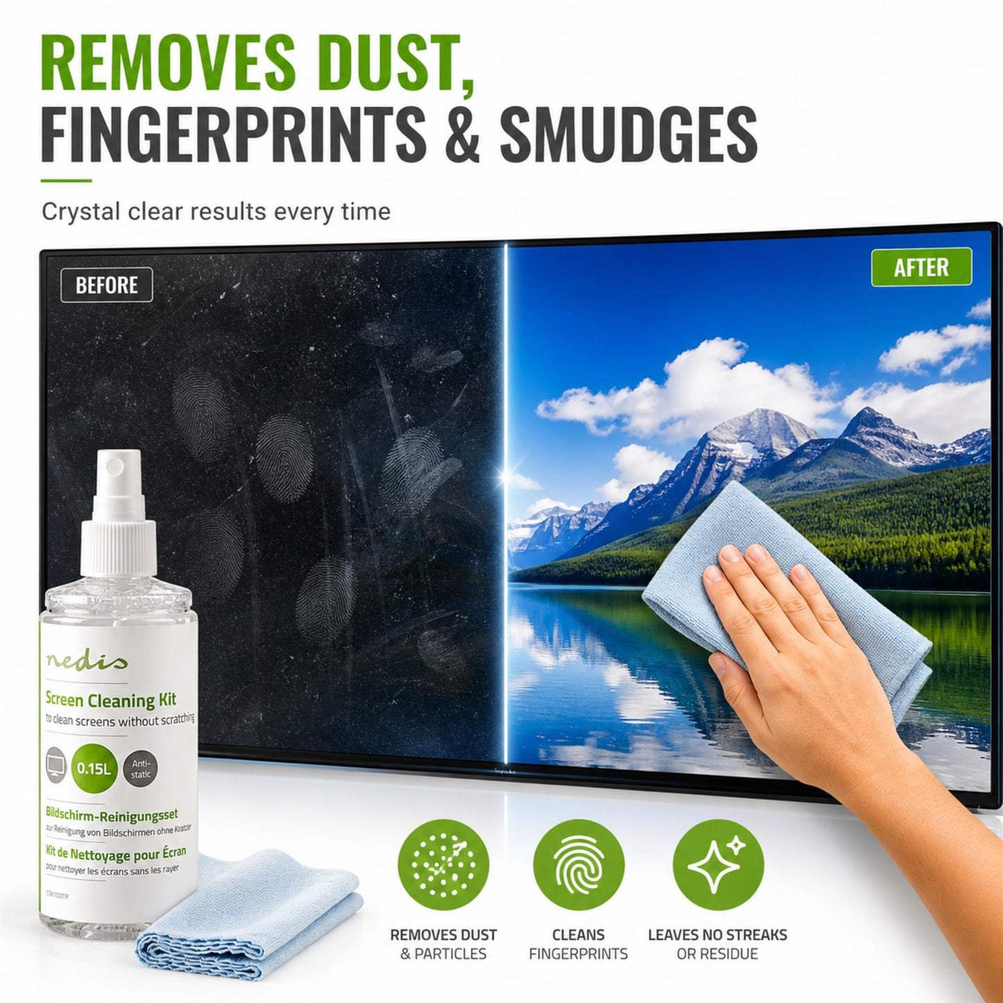 Nedis Screen Cleaner | Spray | 150 ml | Notebook / Smartphone / Tablet / TV Screen | Wiper included