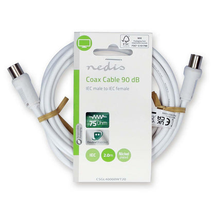 Nedis Coax Cable | IEC (Coax) Male | IEC (Coax) Female | Nickel Plated | 90 dB | 75 Ohm | Double Shielded | 2.00 m | Round | PVC | White | Label