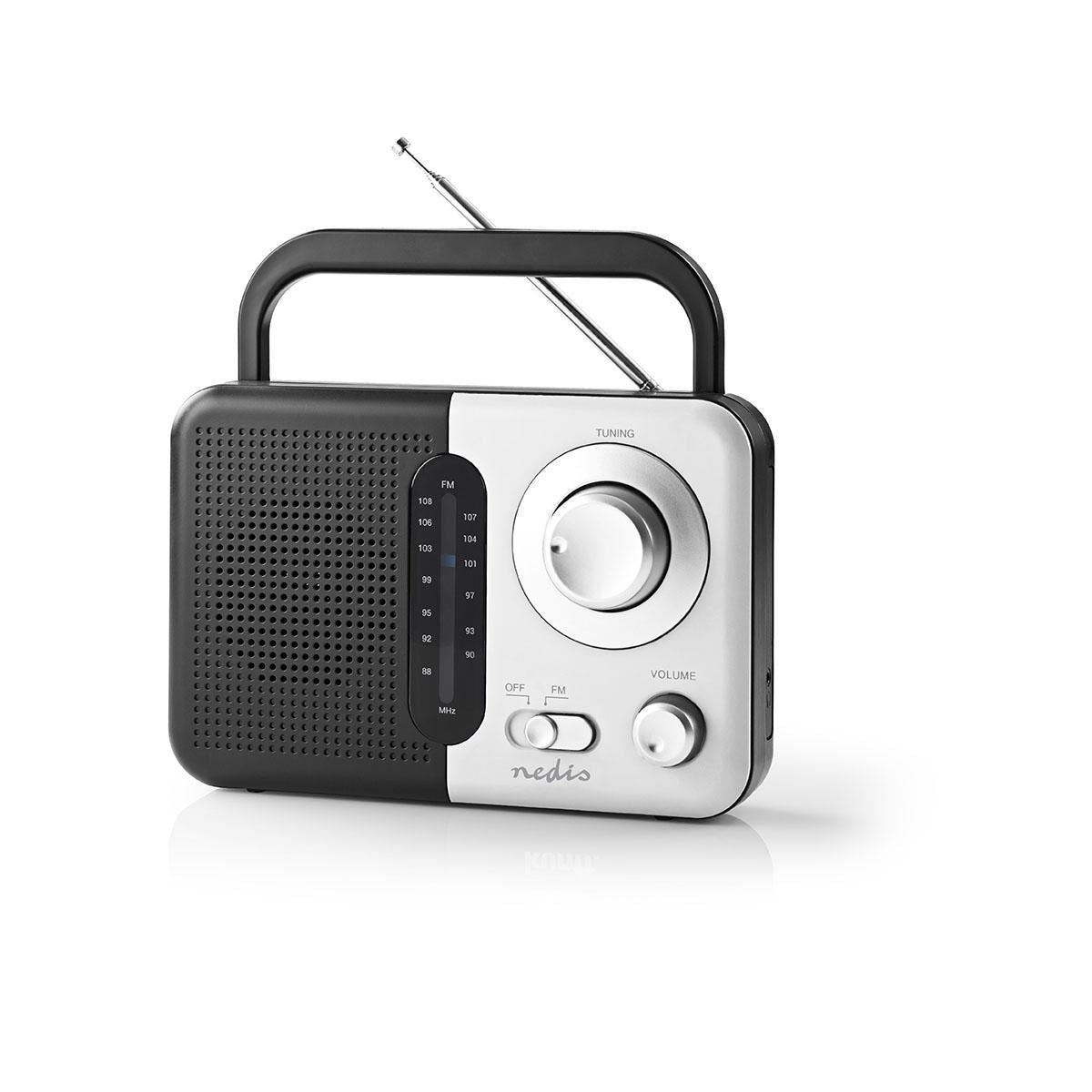 Nedis FM Radio | Portable Design | FM | Battery Powered / Mains Powered | Analogue | 2.4 W | Black White Screen | Headphone output | Carrying handle | Black / White
